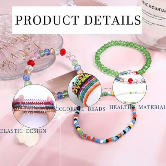 24 Pcs Handmade Beaded Bracelets For Women Adjustable Crystals Stretch Bracelet Colorful Elastic Beaded Anklet Bracelets Set